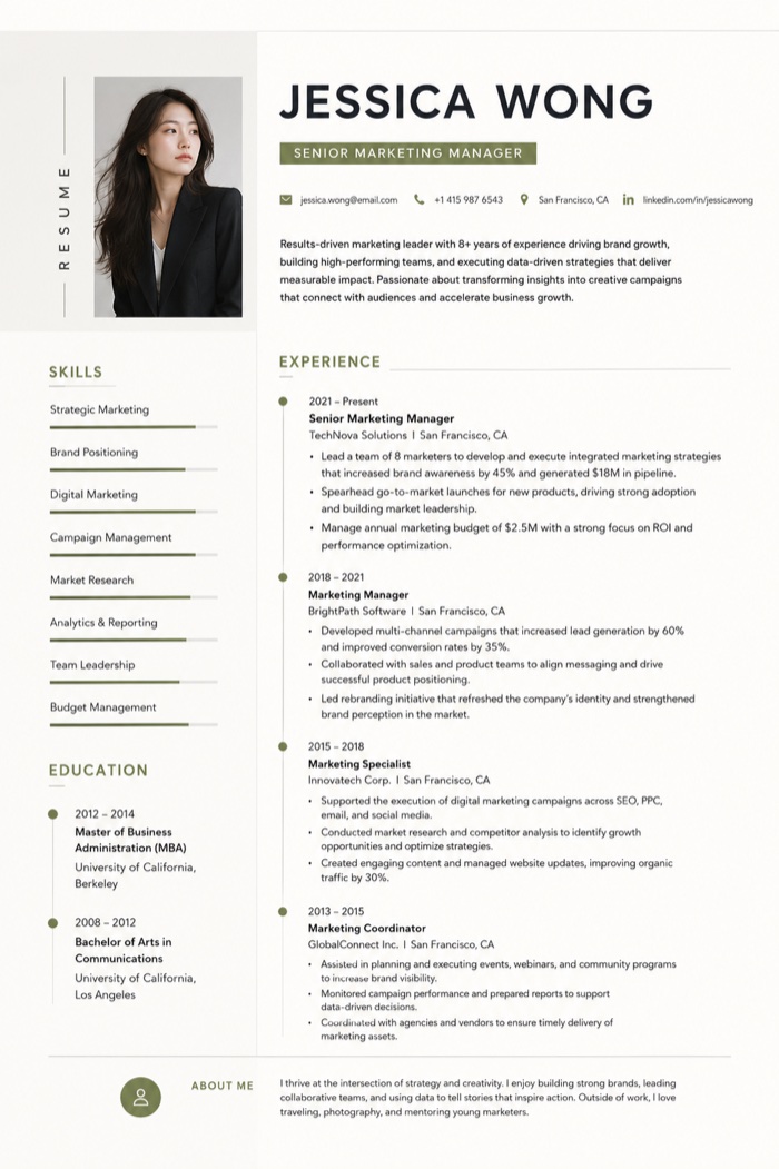 Senior Marketing Manager resume example — Modern Minimal template