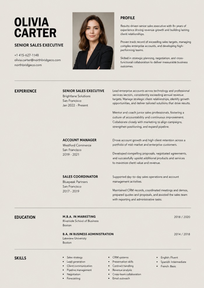 Senior Sales Executive resume example — Minimal template