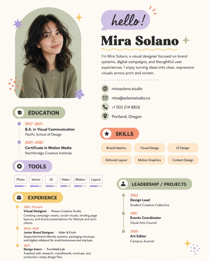 Visual Designer resume example — Playful template