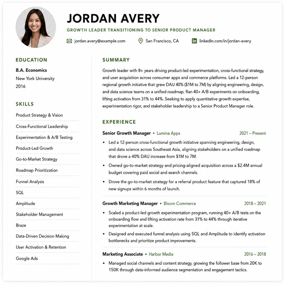 Generated resume preview — Modern Minimal template